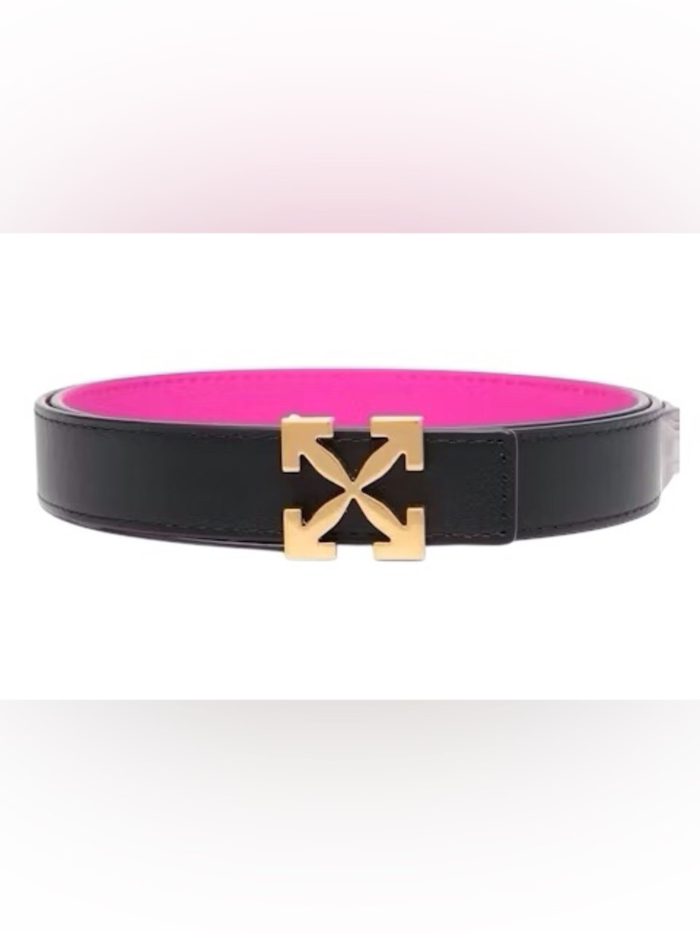 Off-White Black Leather Belt with Hot Pink Lining and Gold Arrow Logo